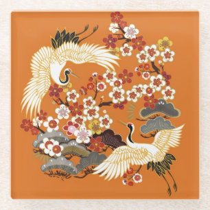 Dessous-de-verre En Verre Grues florales colorées Sakura Motif
