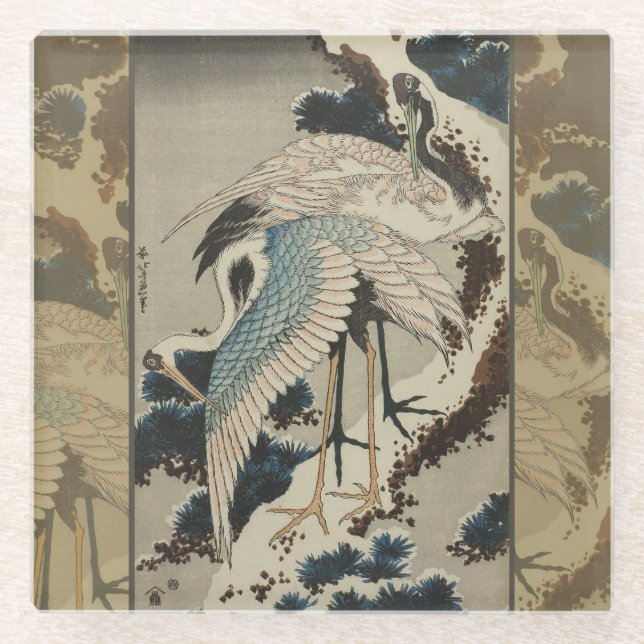 Dessous-de-verre En Verre Grues sur un pin couvert de neige Hokusai (Devant)
