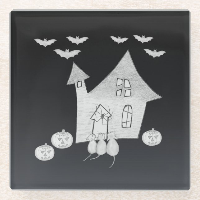 Dessous-de-verre En Verre Halloween la nuit avec Haunted House, chauves-sour (Devant)