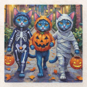 Dessous-de-verre En Verre Halloween Orientale Bleue Chats Trick-or-Treating