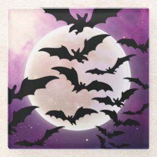 DESSOUS-DE-VERRE EN VERRE HALLOWEEN PURPLE SKY PLEINE LUNE NOIR BATS