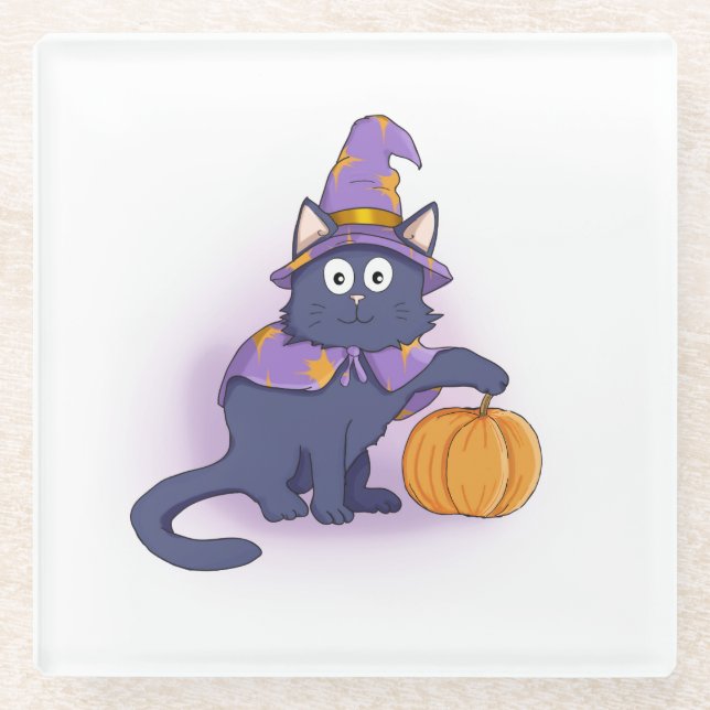 Dessous-de-verre En Verre Halloween Wizard Chat avec Citrouille (Devant)