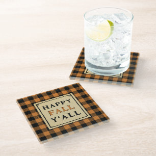 Dessous-de-verre En Verre happy fall y'all orange chèque jeter oreiller