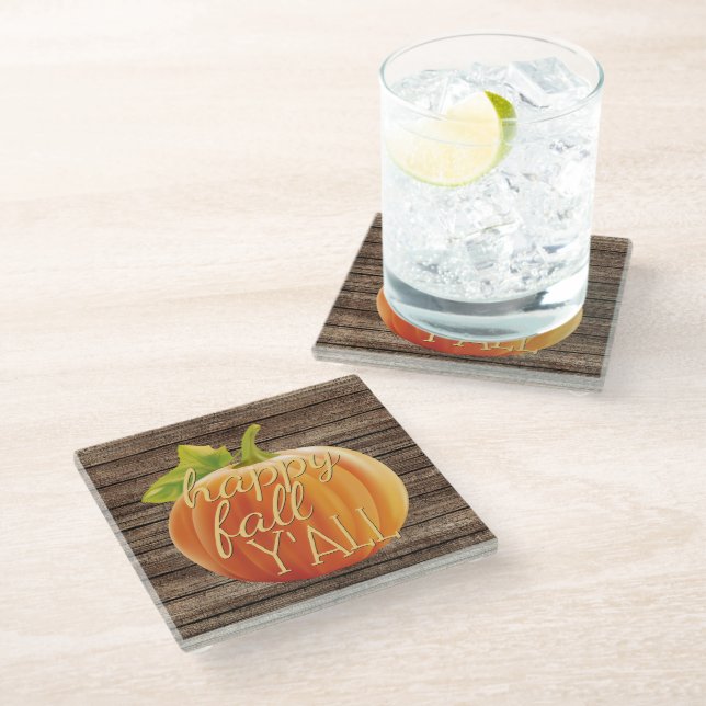 Dessous-de-verre En Verre Happy Fall Y'all Orange Citrouille sur Planks Moti (Incliné)
