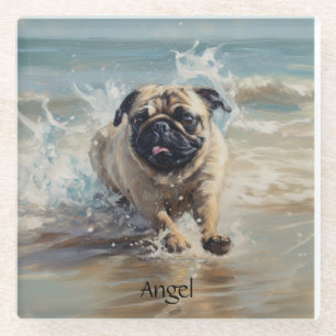 Dessous-de-verre En Verre Happy Pug à la Plage personnalisable