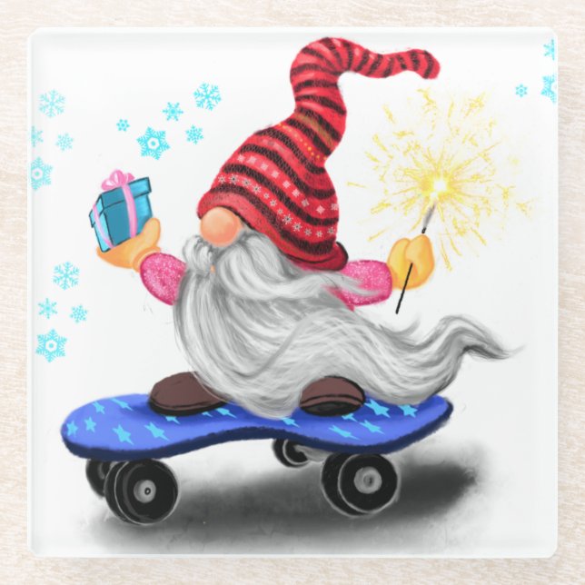 Dessous-de-verre En Verre Happy Skater Gnome avec Dessous de verre cadeau en (Devant)