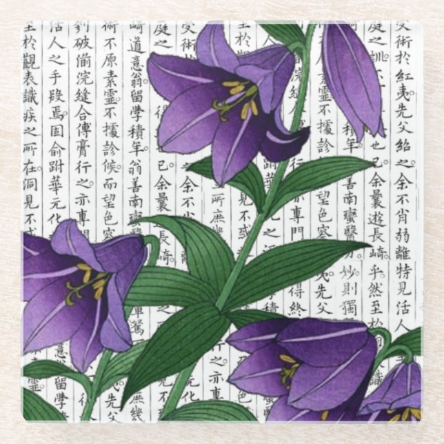 Dessous-de-verre En Verre Harebells violets asiatiques sur Kanji Arrière - p (Devant)