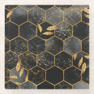 Dessous-de-verre En Verre Hexagon de marbre, Texture Feuille d'or.