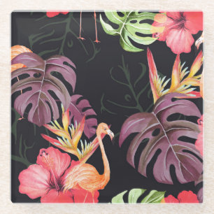 Dessous-de-verre En Verre Hibiscus, Flamants roses, Aquarelle Motif tropical