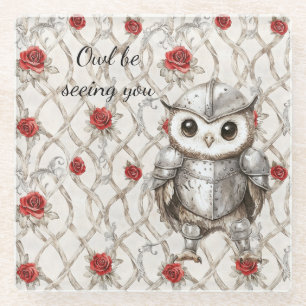 Dessous-de-verre En Verre Hibou chevalier sous armure brillante Roses rouges