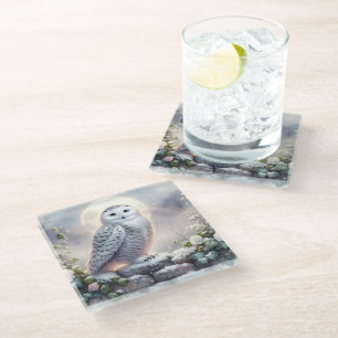 Dessous-de-verre En Verre Hibou des neiges dans un jardin d'hiver au clair d