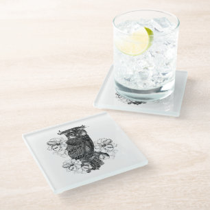 Dessous-de-verre En Verre Hibou gris Orchidées blanches