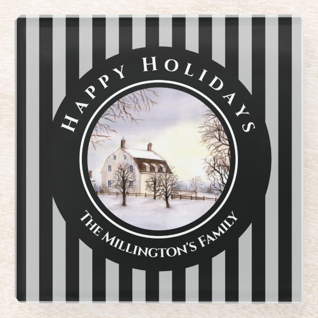 Dessous-de-verre En Verre Hiver en Nouvelle-Angleterre Noël Cercle gris noir (Devant)