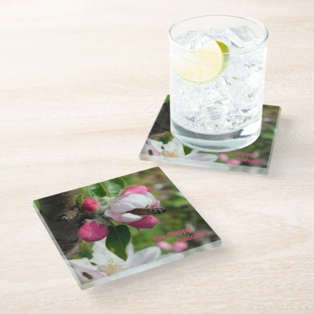 Dessous-de-verre En Verre Honeybee & Apple Blossom | Fine Art Glass Coasters (Incliné)