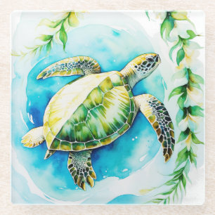 Dessous-de-verre En Verre Honu hawaïen avec plumeria et aquarelle de maïs