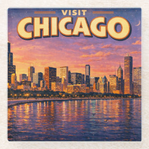 Dessous-de-verre En Verre Horizon de Chicago et lac Michigan au crépuscule