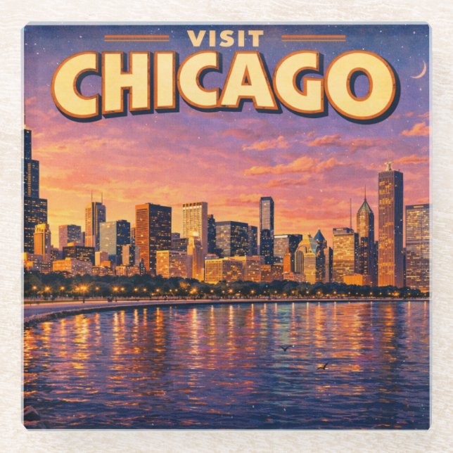 Dessous-de-verre En Verre Horizon de Chicago et lac Michigan au crépuscule (Devant)