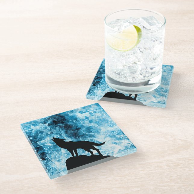 Dessous-de-verre En Verre Howling Wolf Hiver neige bleue fumée Abstraite (Incliné)