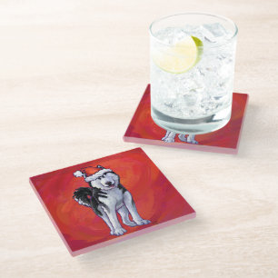 Dessous-de-verre En Verre Husky à Santa Hat Sur Rouge