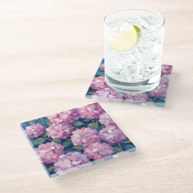 Dessous-de-verre En Verre Hydrangeas Florales Rose Tendre (Incliné)