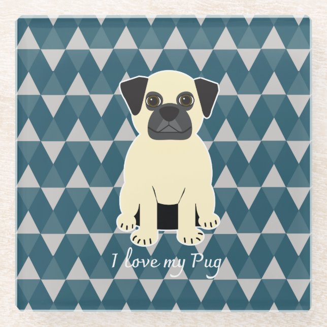 Dessous-de-verre En Verre I love my Pug, Blue diamonds pattern (Devant)