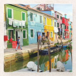 Dessous-de-verre En Verre Île de Burano près de Venise, Maisons Arc en Ciel