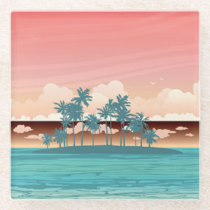 Dessous-de-verre En Verre Île de coco verte : illustration du coucher du sol
