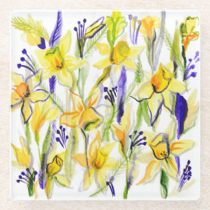 Dessous-de-verre En Verre Illustration aquarelle de jonquilles jaunes