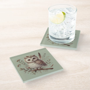 Dessous-de-verre En Verre Illustration botanique de chouette fantaisiste de 