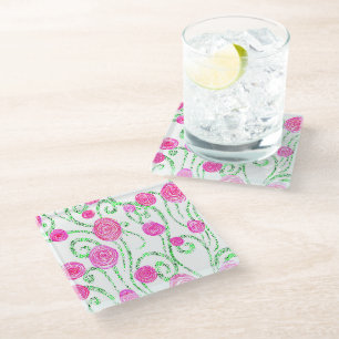 Dessous-de-verre En Verre Illustration de fleurs vert et rose