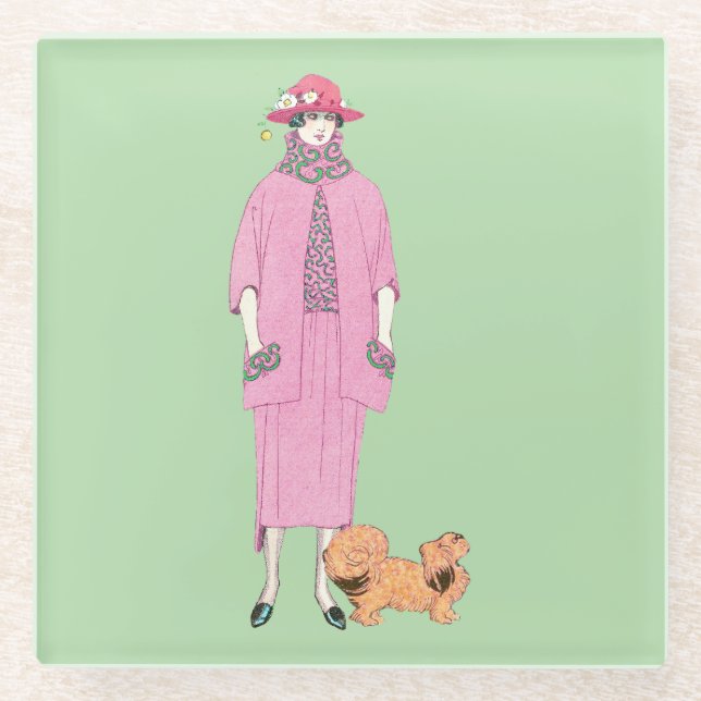 Dessous-de-verre En Verre Illustration de mode des années 1910 Dame & Chien  (Devant)