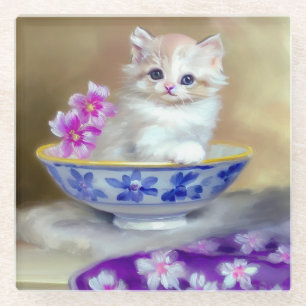 Dessous-de-verre En Verre Illustration vintage de chaton blanc