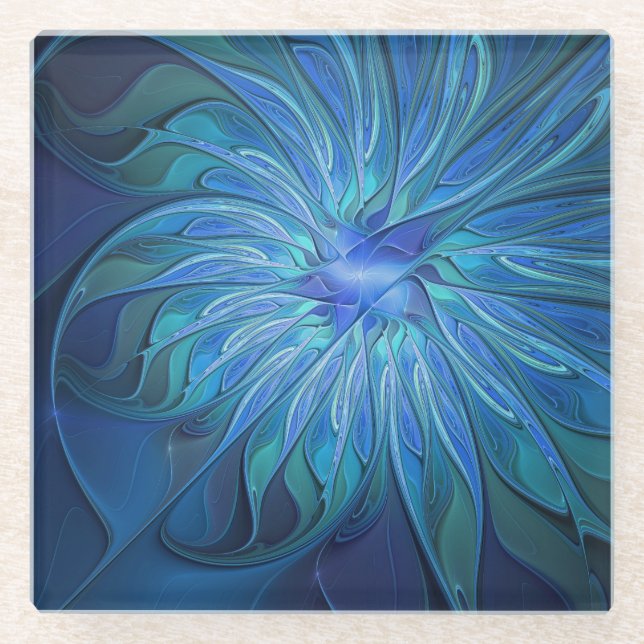 Dessous-de-verre En Verre Imaginaire Fleur Bleue Motif, Art Fractal Abstrait (Devant)