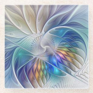 Dessous-de-verre En Verre Imaginaire Floral, Fleur Fractale Abstraite coloré