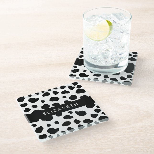 Dessous-de-verre En Verre Impression De Vache, Spots De Vache, Noir Et Blanc (Incliné)
