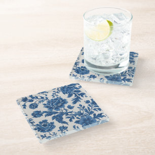 Dessous-de-verre En Verre Impression florale d'inspiration victorienne bleue