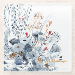 Dessous-de-verre En Verre Indigo et ocre - fleurs d'aquarelle