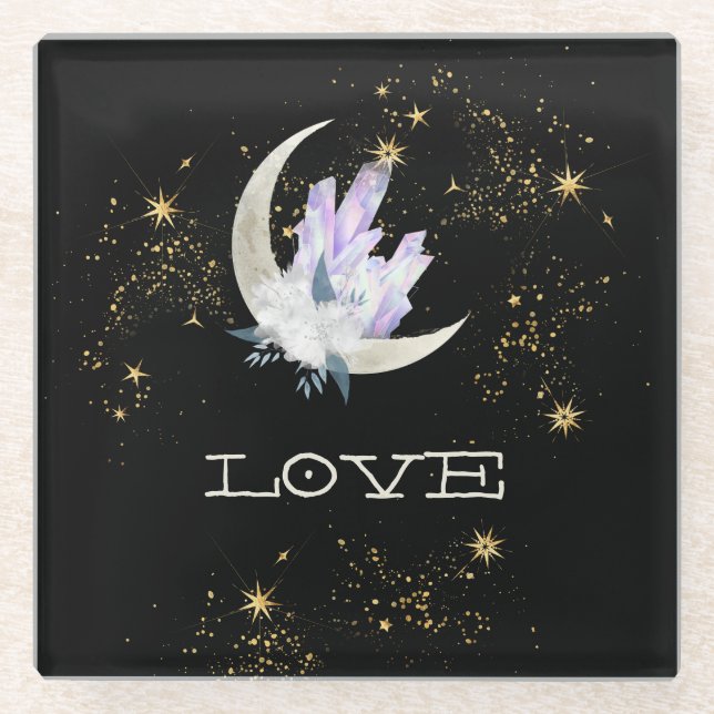 Dessous-de-verre En Verre *~* INTENTION LOVE Gold Celestial Crystal Moon (Devant)