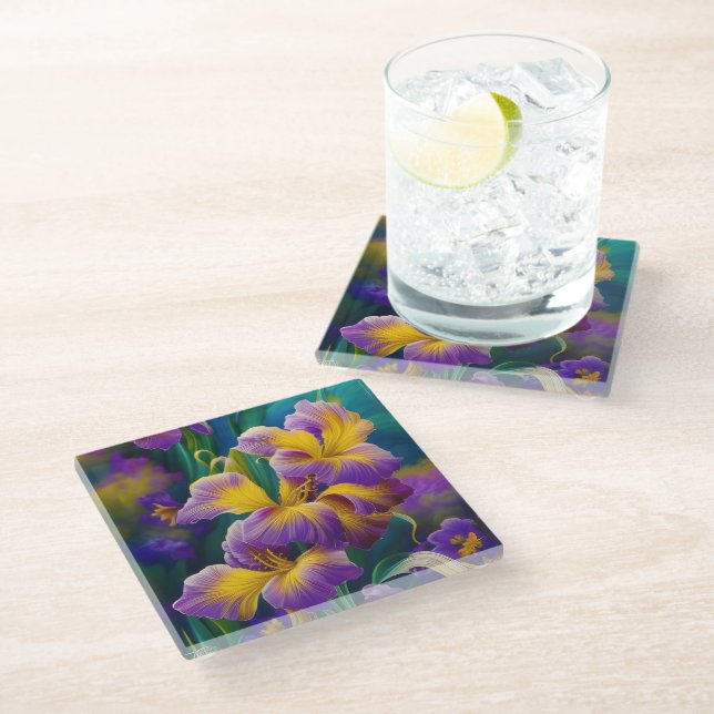 Dessous-de-verre En Verre Iris Floral Violet et bleu or feuilles (Incliné)