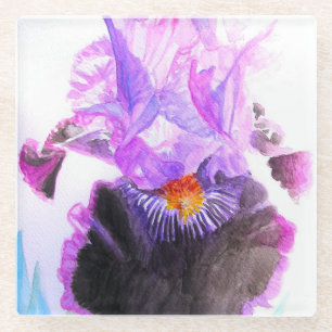Dessous-de-verre En Verre Iris noir pourpre Fleur aquarelle Floral
