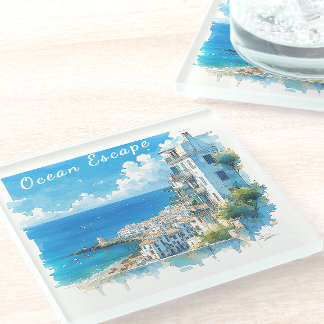 Dessous-de-verre En Verre Italian Seaside Town Watercolor Ocean Escape
