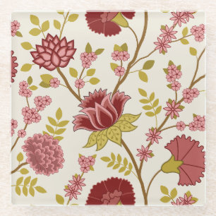 Dessous-de-verre En Verre Jacobean Floral Lg Motif Reds Pinks Gold Crème