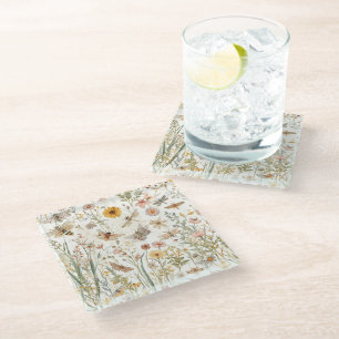 Dessous-de-verre En Verre Jardin de fleurs sauvages papillons botaniques flo