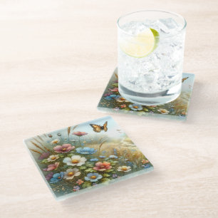 Dessous-de-verre En Verre Jardin de papillons de la prairie fleurie