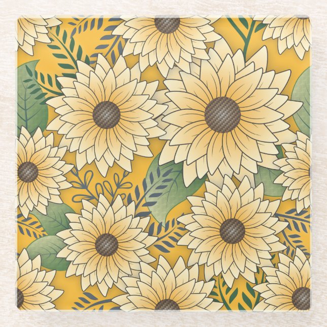 Dessous-de-verre En Verre Jardin de tournesol jaune fleuri gras (Devant)