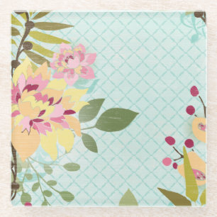 Dessous-de-verre En Verre Jardin floral, Arrière - plan bleu
