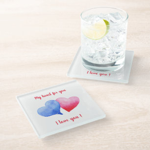 Dessous-de-verre En Verre Je t'aime coeur rouge et bleu Saint Valentin