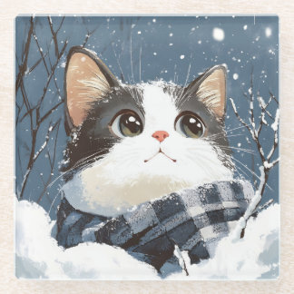 Dessous-de-verre En Verre Joli chat hiver enneigé confortable