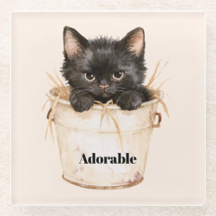 Dessous-de-verre En Verre Joli Chat Noir Adorable dans un Seau