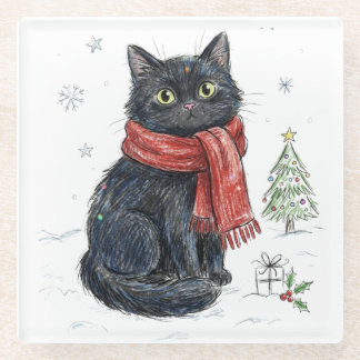 Dessous-de-verre En Verre Joli chat noir avec un écharpe rouge Noël arbre d'